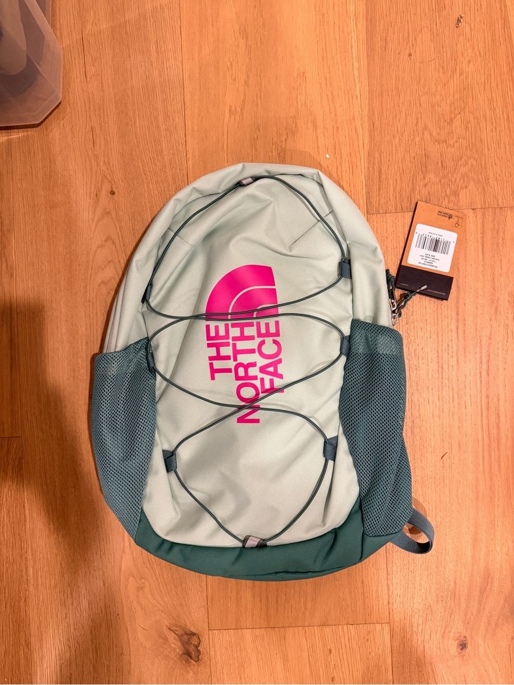 The North Face Youth Court Jester Light Green Backpack with Pink Logo